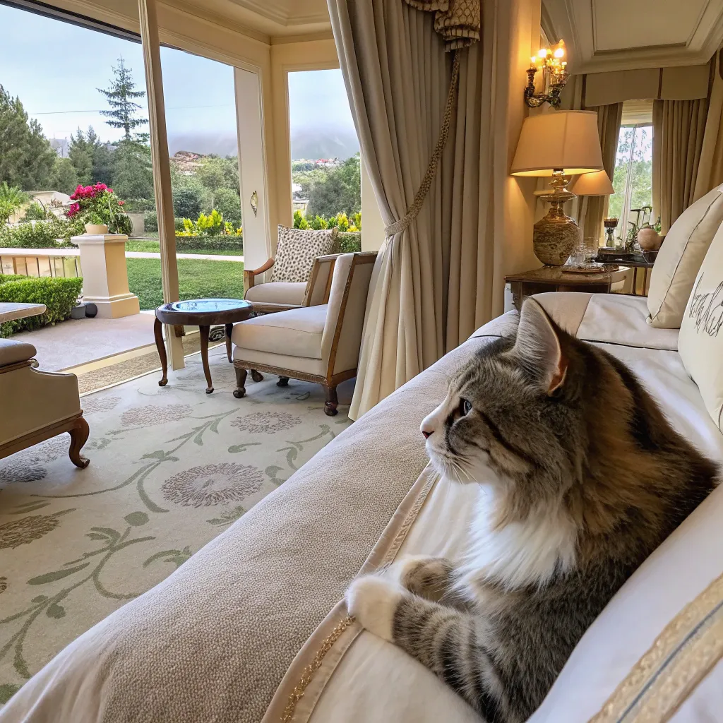 Whiskers enjoying a luxurious stay at Paw Haven Hotel